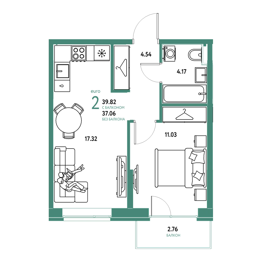 Планировка: Евродвушка 39,82 м²