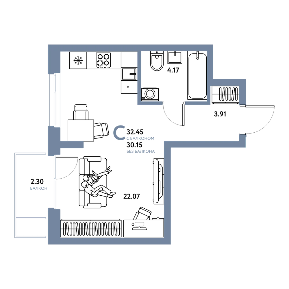 Планировка: Студия 32,45 м²