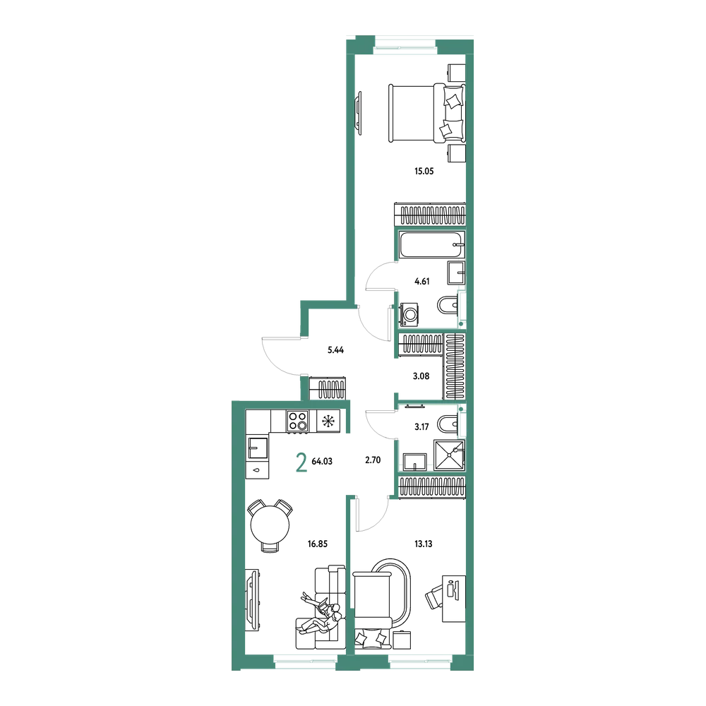 Планировка: 2-комнатная 64,03 м²