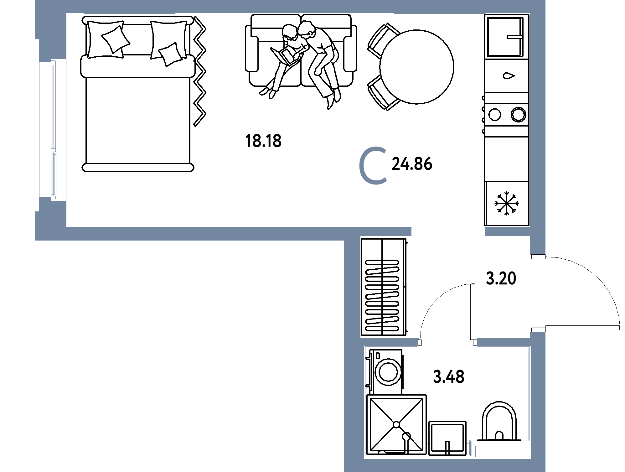 Планировка: Студия 24,86 м² в ЖК «Сердце Сибири»