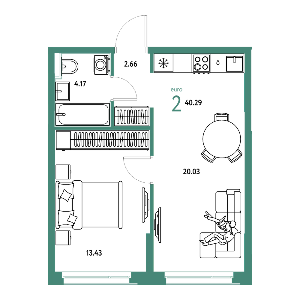 Планировка: Евродвушка 40,29 м²