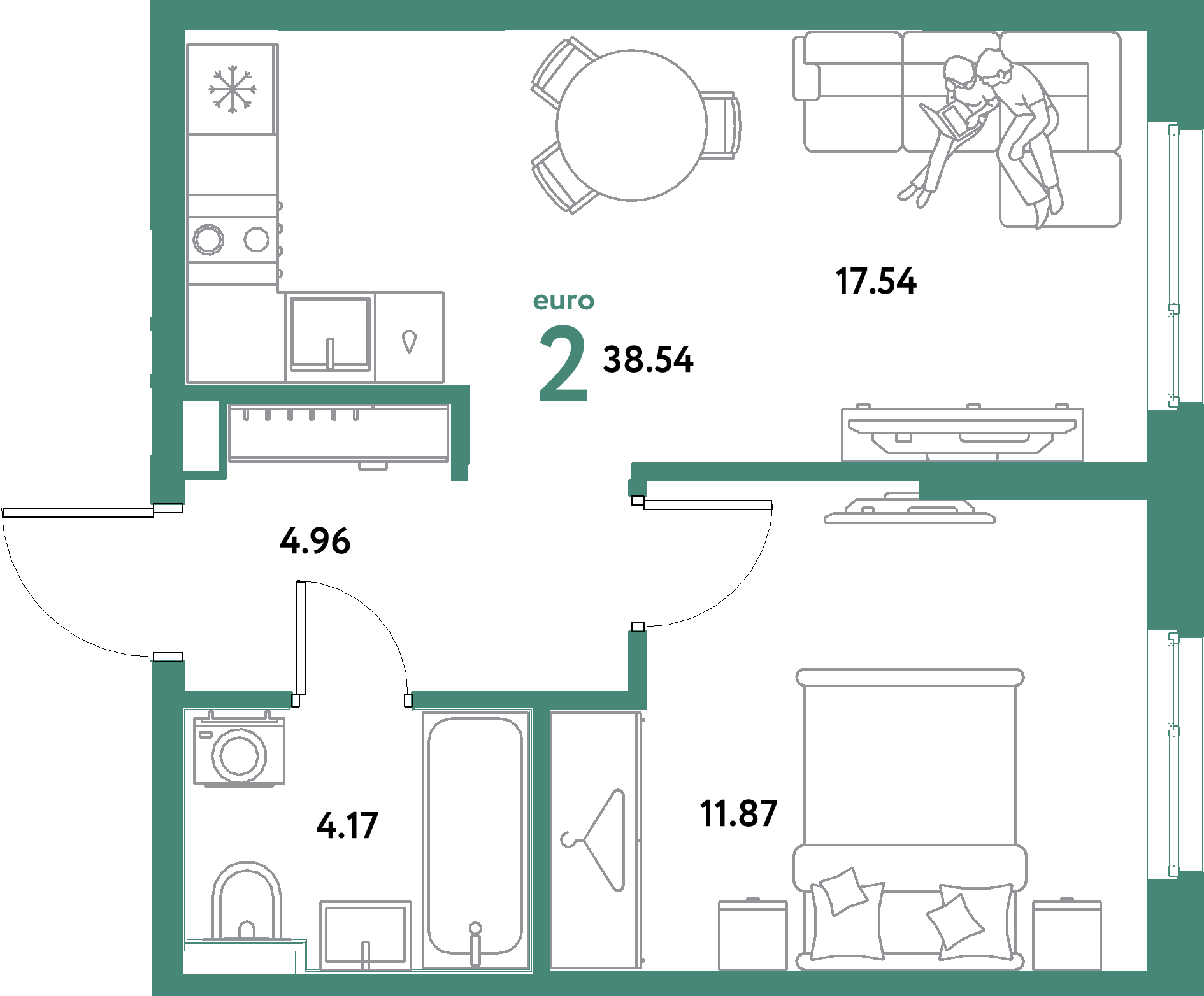 Планировка: Евродвушка 38,54 м² в ЖК «Остров-сад»