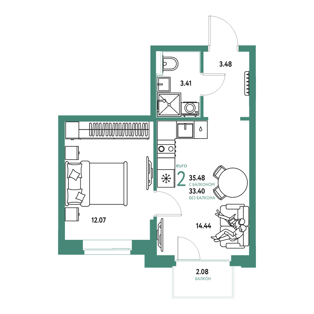 Планировка: Евродвушка 35,48 м²