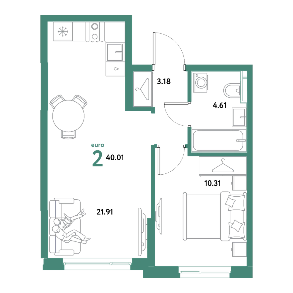 Планировка: Евродвушка 40,01 м²
