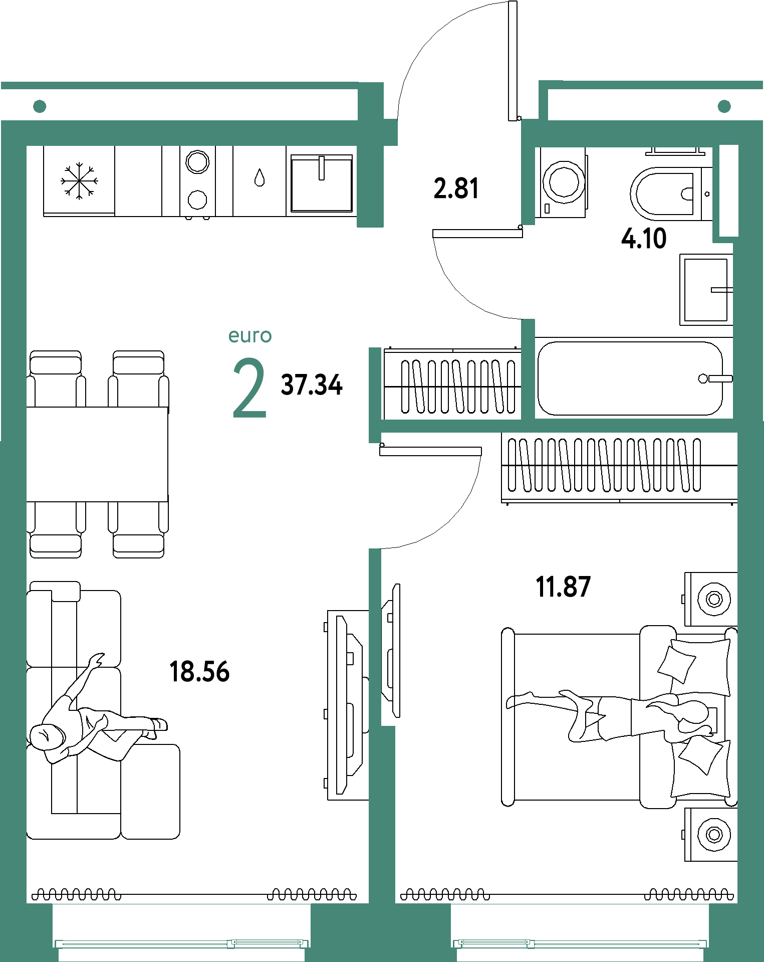 Планировка: Евродвушка 37,34 м² в ЖК «Домашний»
