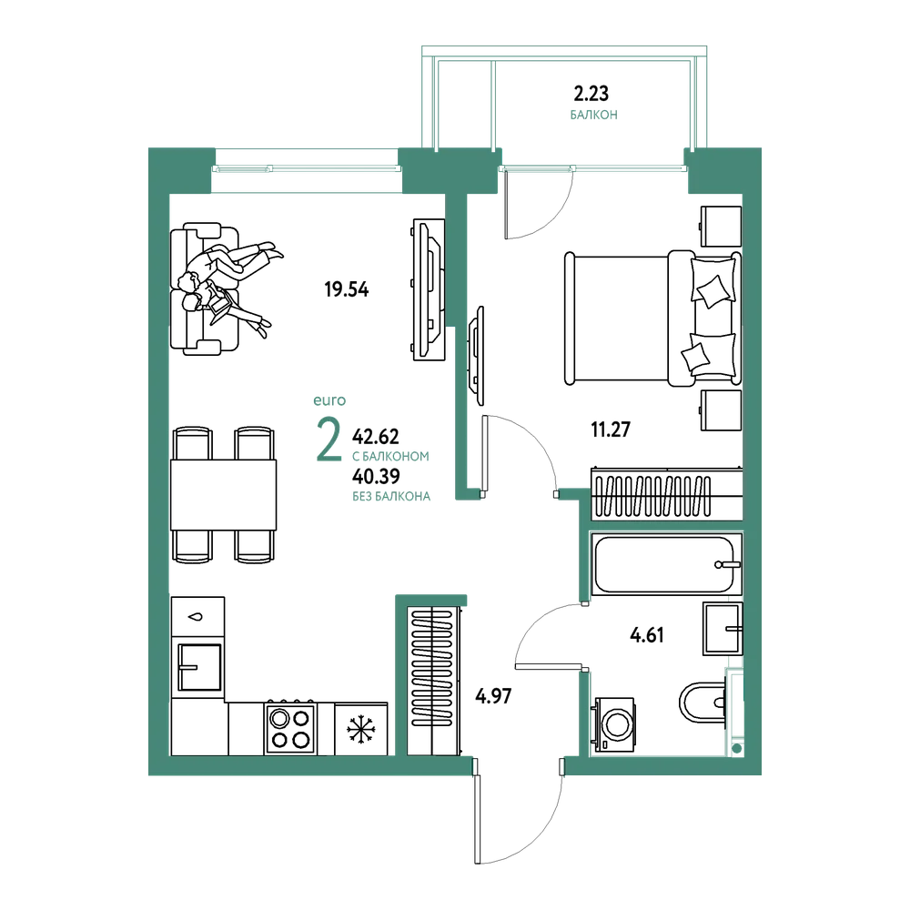 Планировка: Евродвушка 42,62 м²