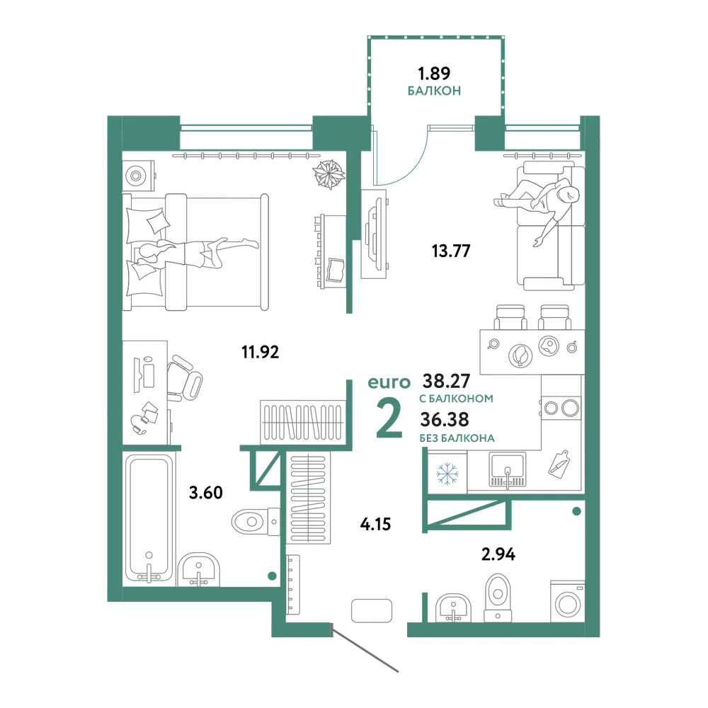 Планировка: Евродвушка 38,27 м²