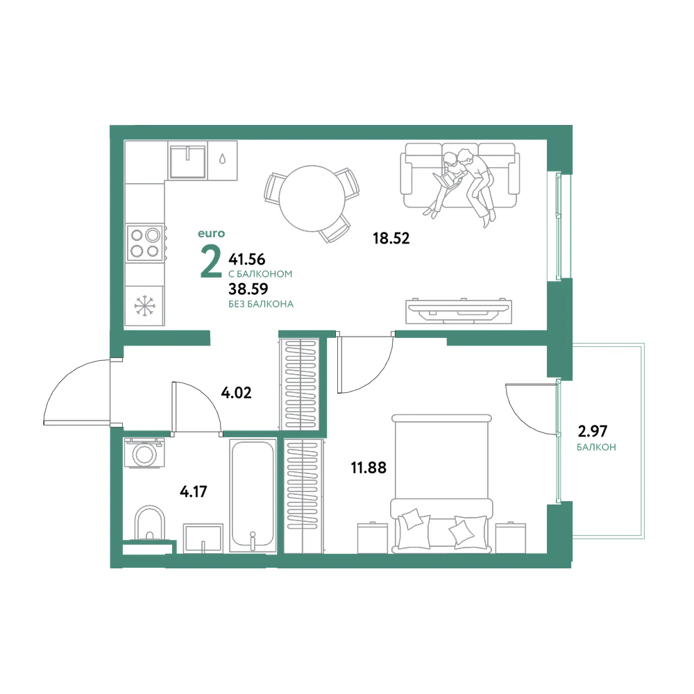 Планировка: Евродвушка 41,56 м²