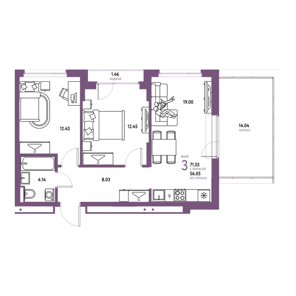 Планировка: Евротрёшка 71,55 м²