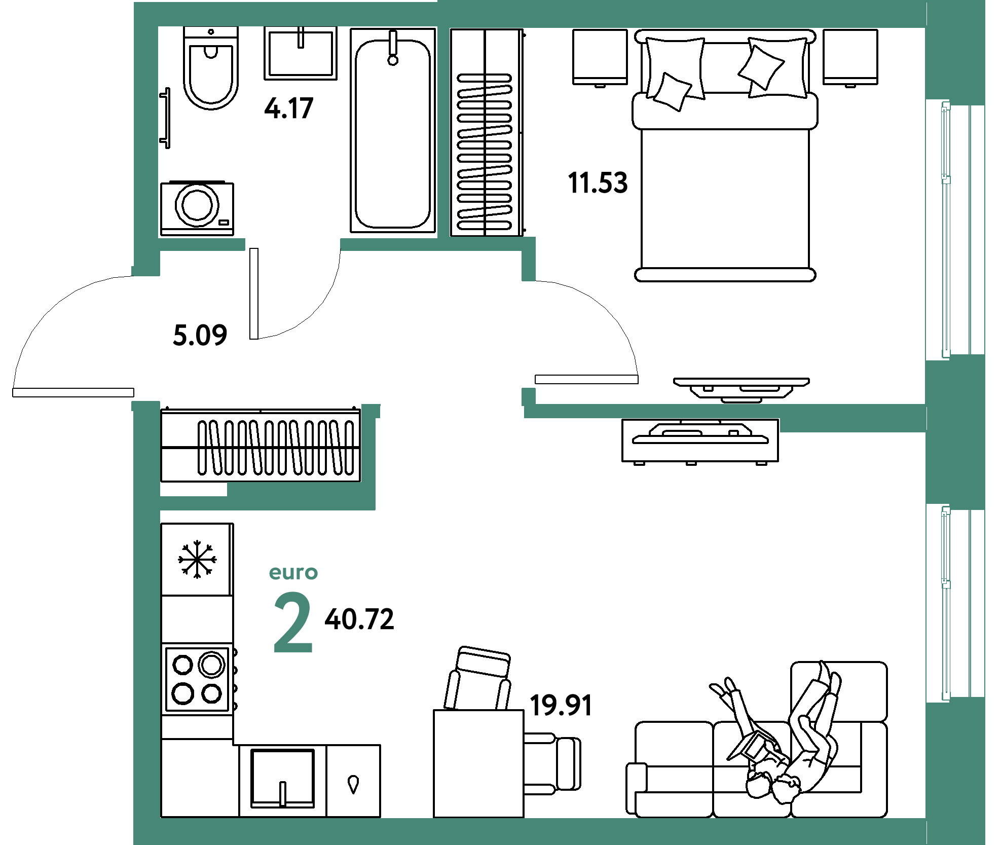 Планировка: Евродвушка 40,72 м² в ЖК «Европейский берег 2.0»