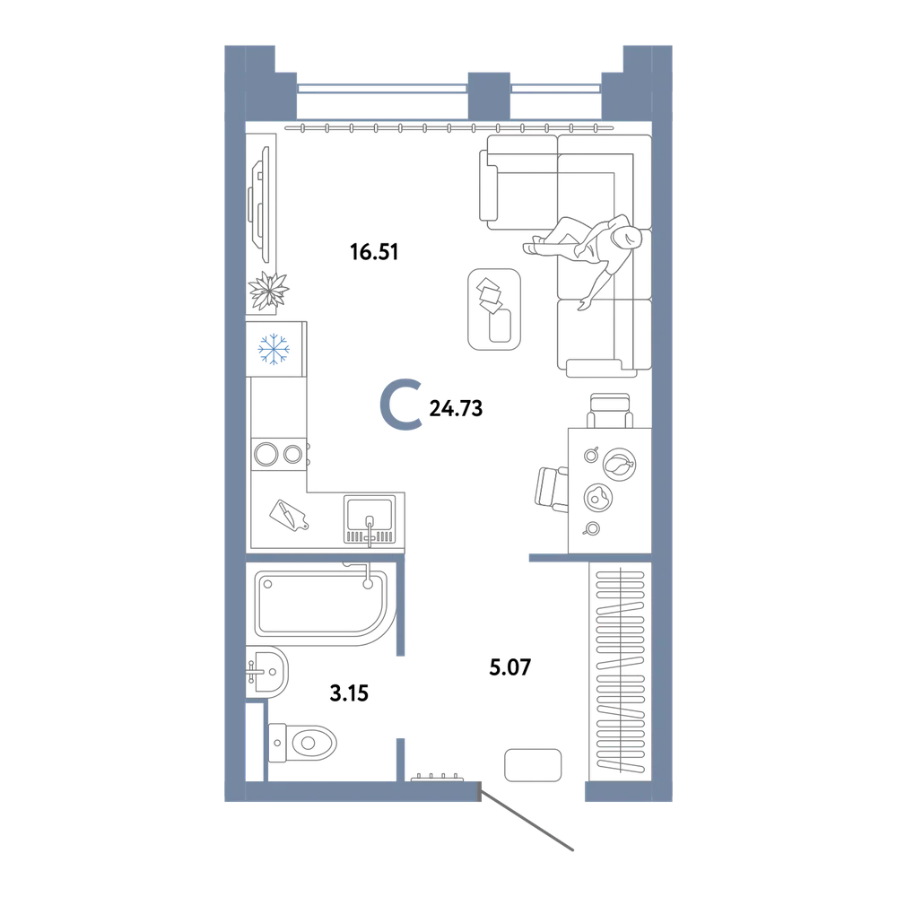 Планировка: Студия 24,73 м²