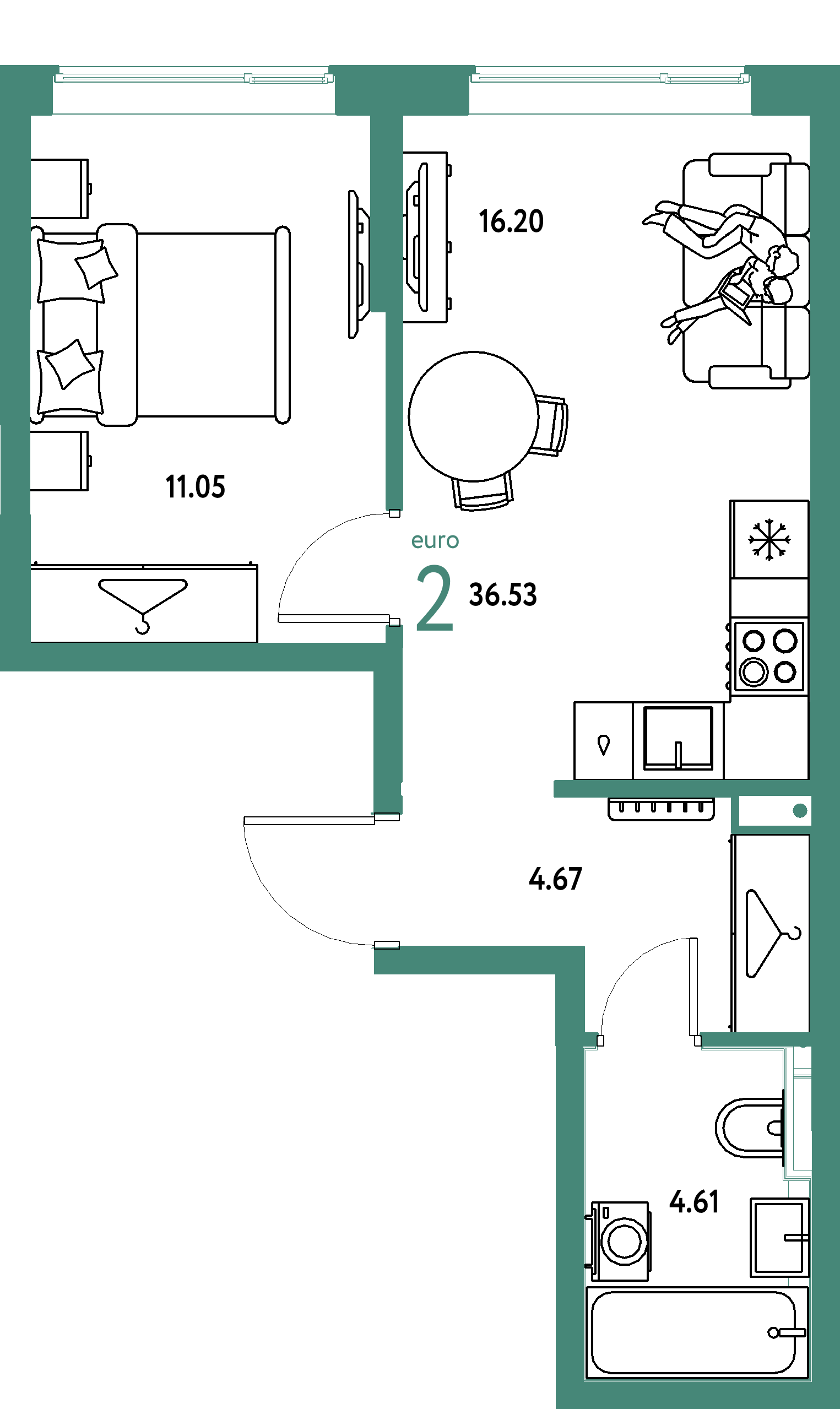 Планировка: Евродвушка 36,53 м² в ЖК «Страна.Прибрежная»