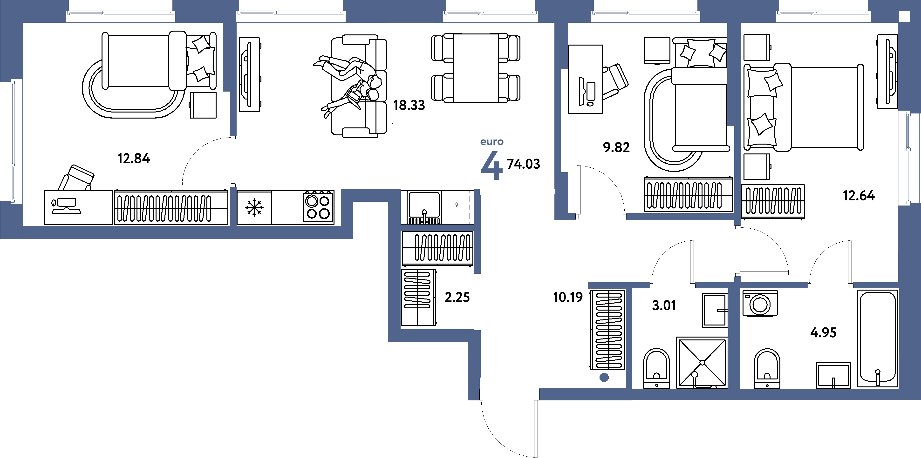 Планировка: Евро-4 74,03 м² в ЖК «Европейский берег 2.0»