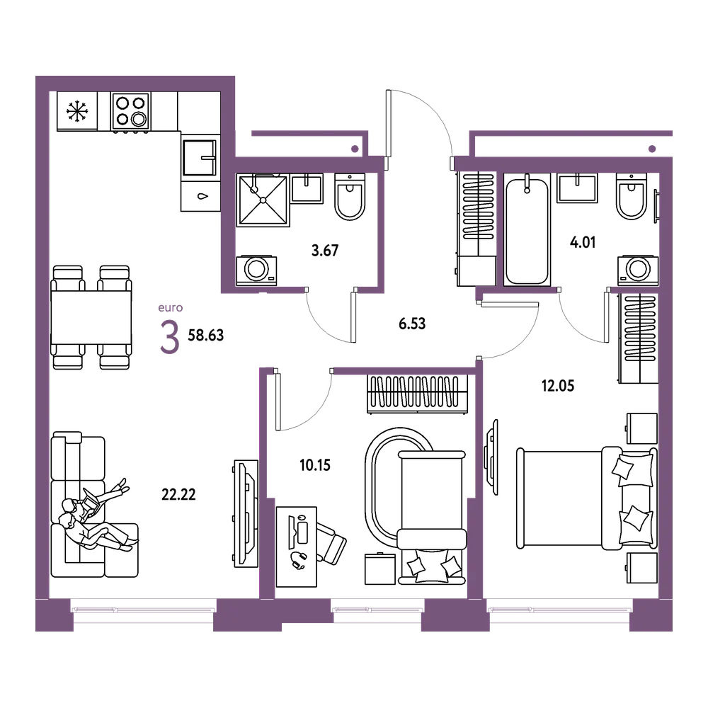 Планировка: Евротрёшка 58,63 м²