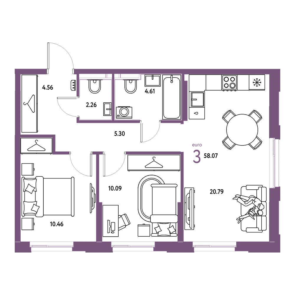 Планировка: Евротрёшка 58,07 м²