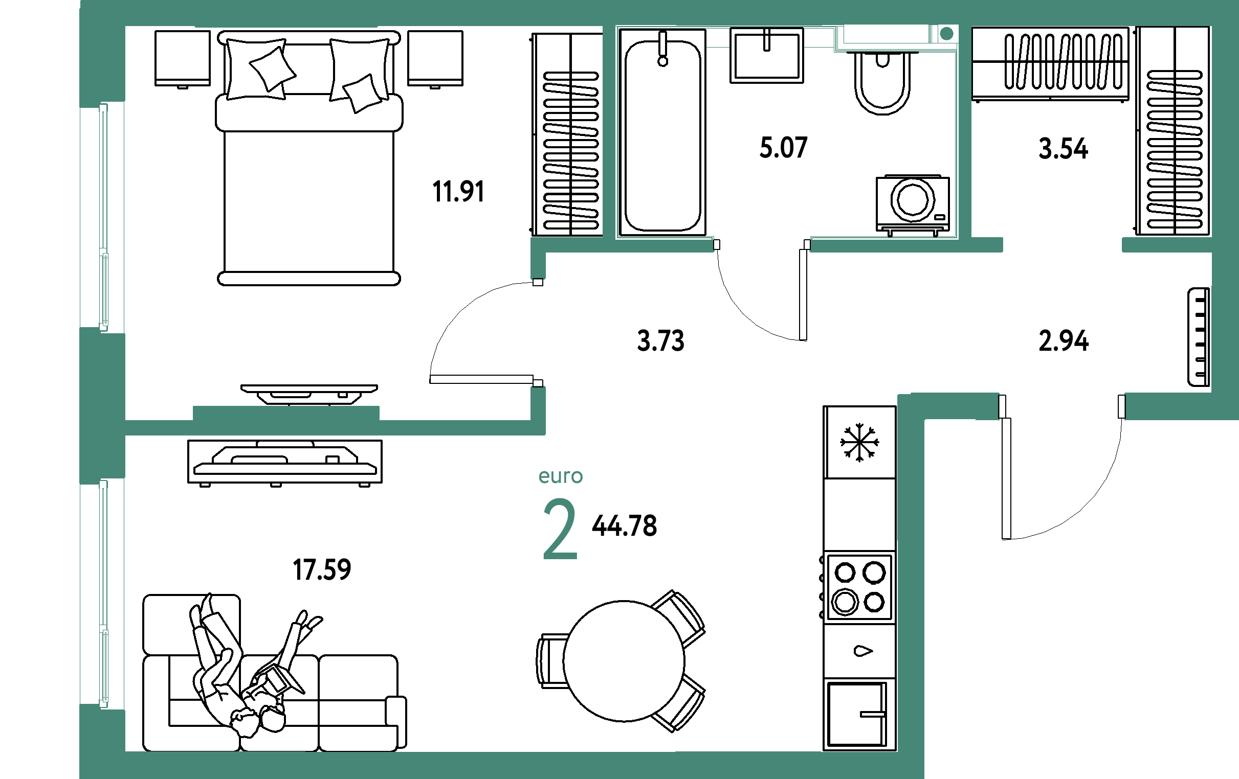 Планировка: Евродвушка 44,78 м² в ЖК «Сердце Сибири»