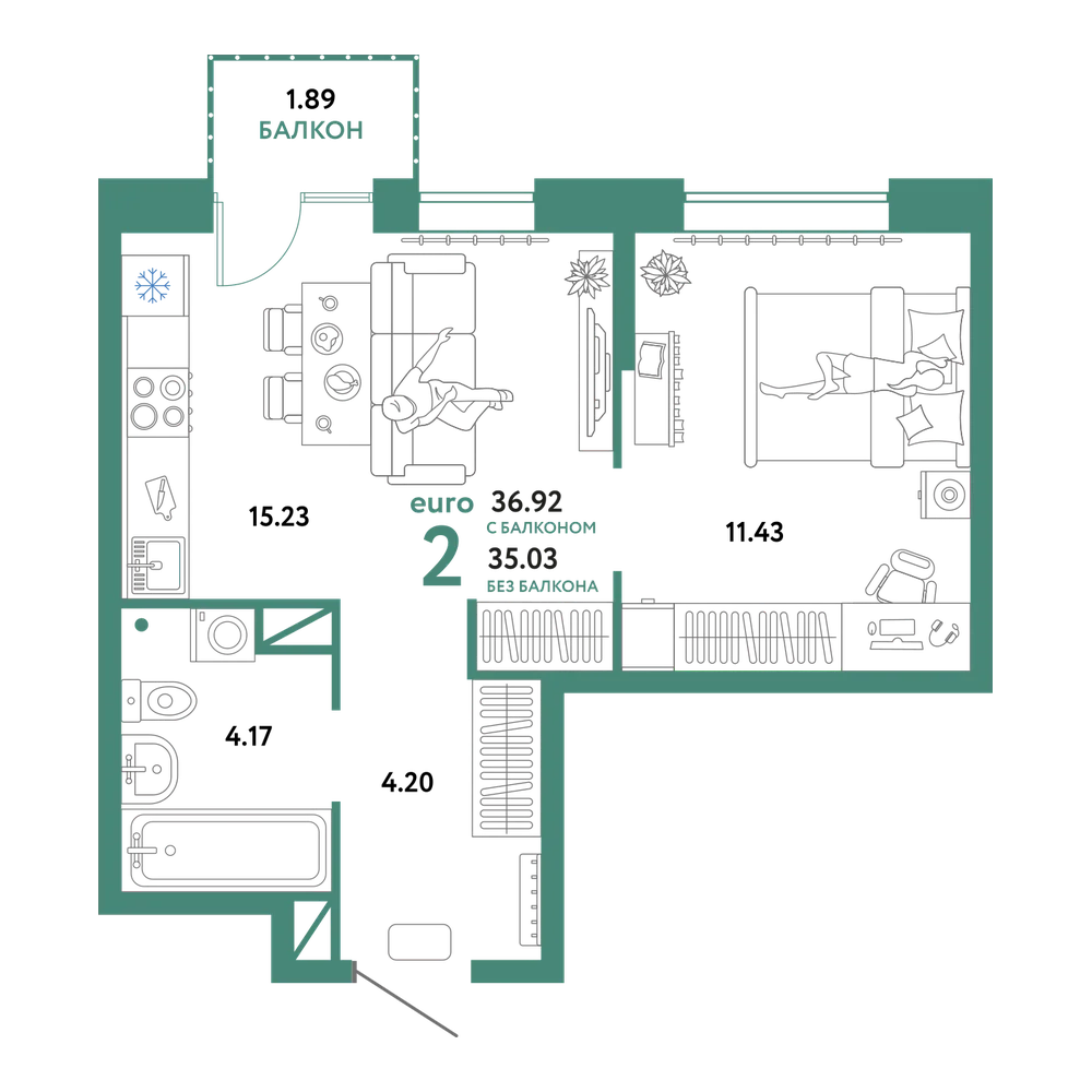 Планировка: Евродвушка 36,92 м²