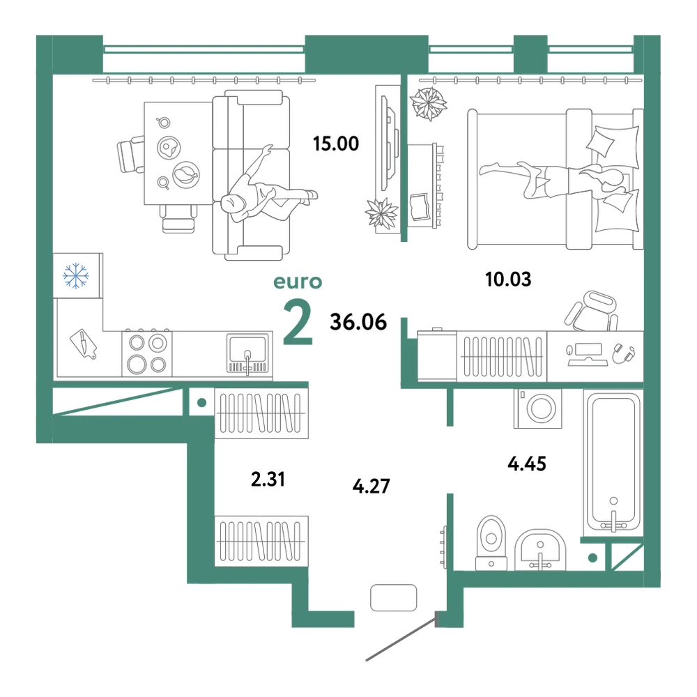 Планировка: Евродвушка 36,06 м²