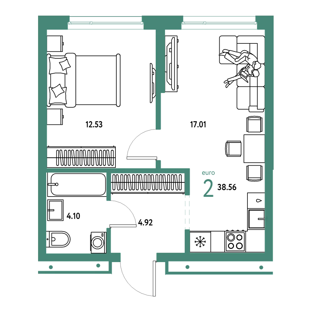 Планировка: Евродвушка 38,56 м²