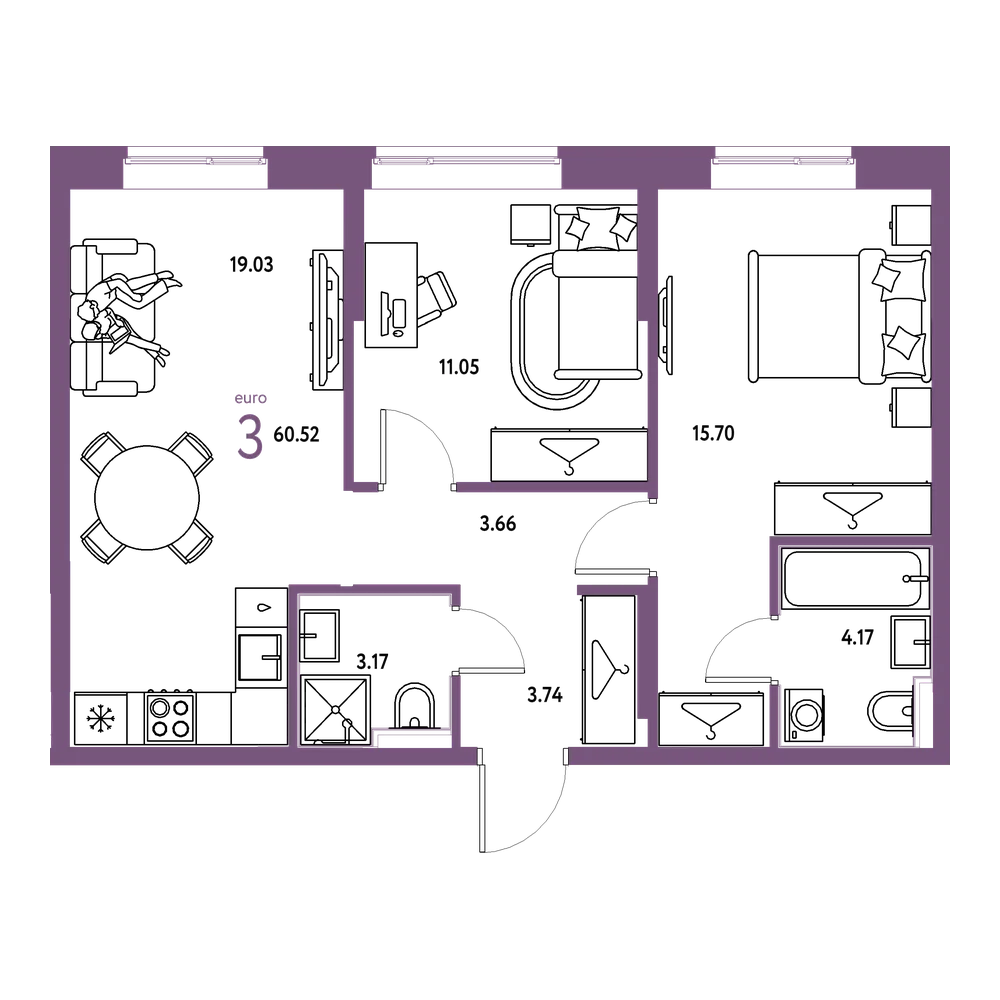 Планировка: Евротрёшка 60,52 м²