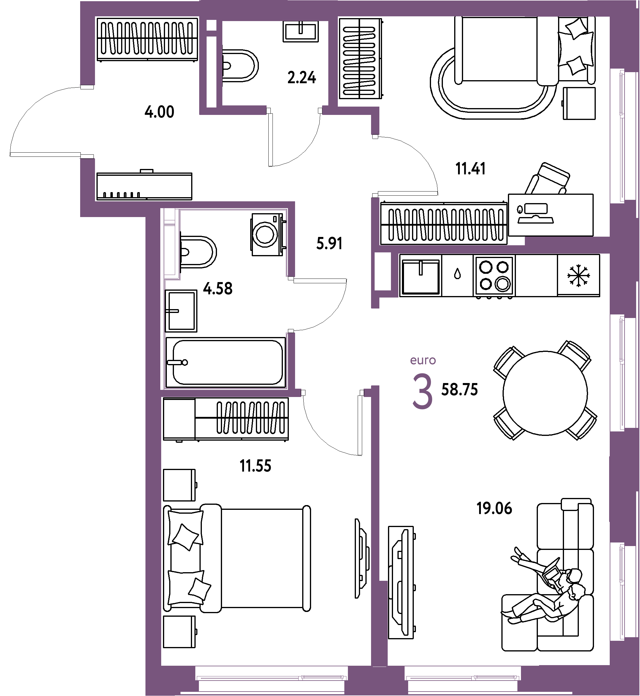 Планировка: Евротрёшка 58,75 м² в ЖК «Домашний»