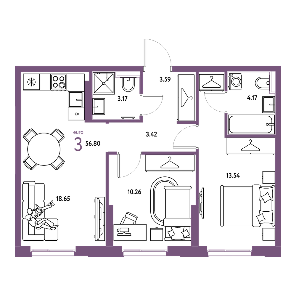 Планировка: Евротрёшка 56,8 м²