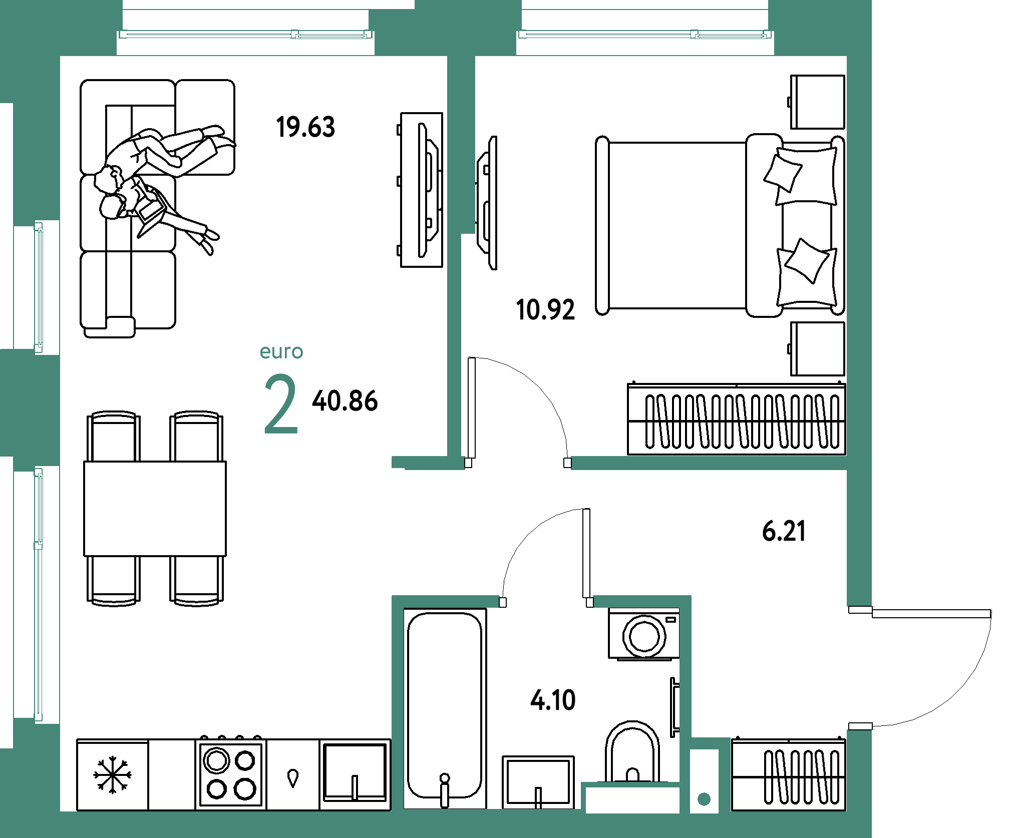 Планировка: Евродвушка 40,86 м² в ЖК «Авторский»