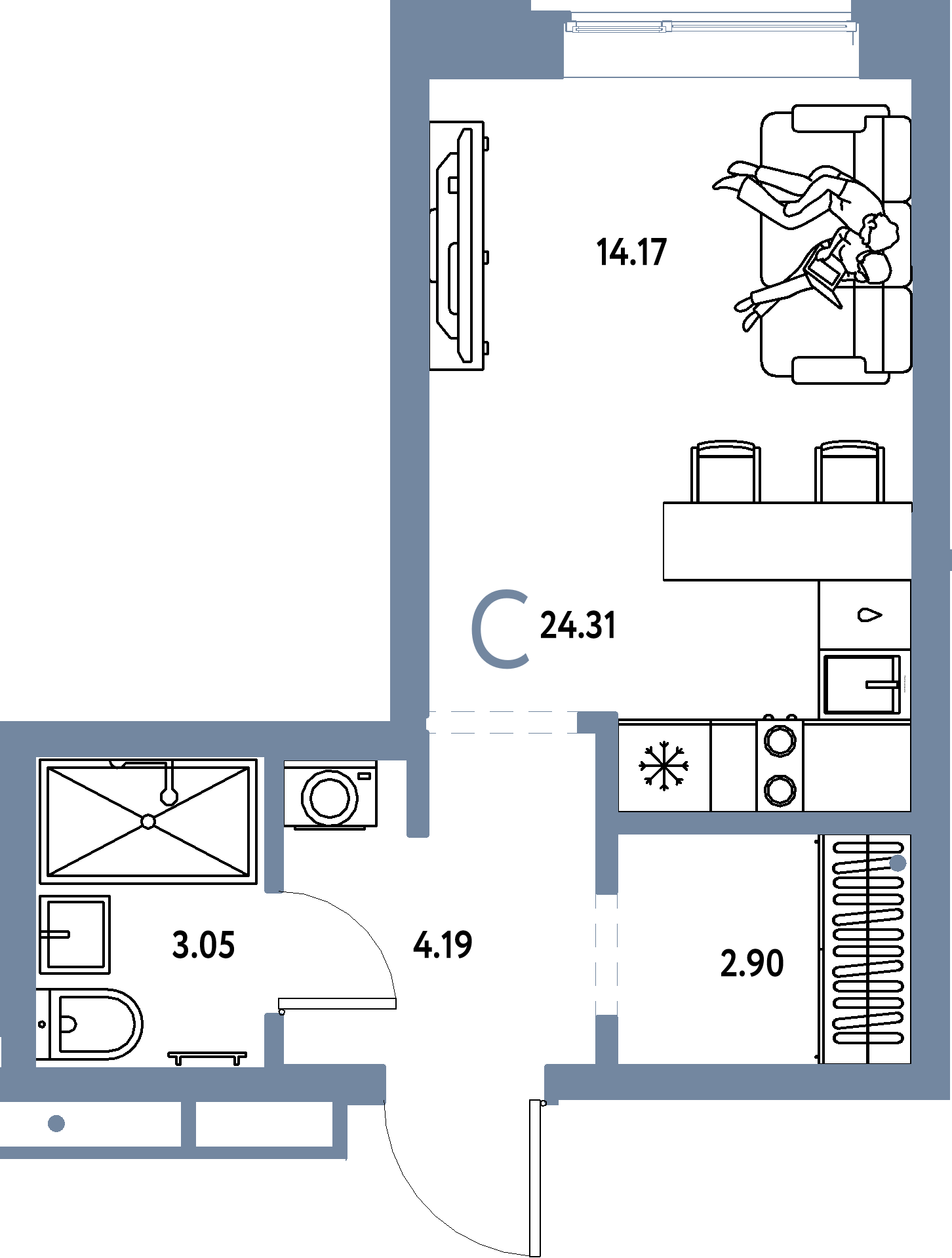 Планировка: Студия 24,31 м² в ЖК «Домашний»