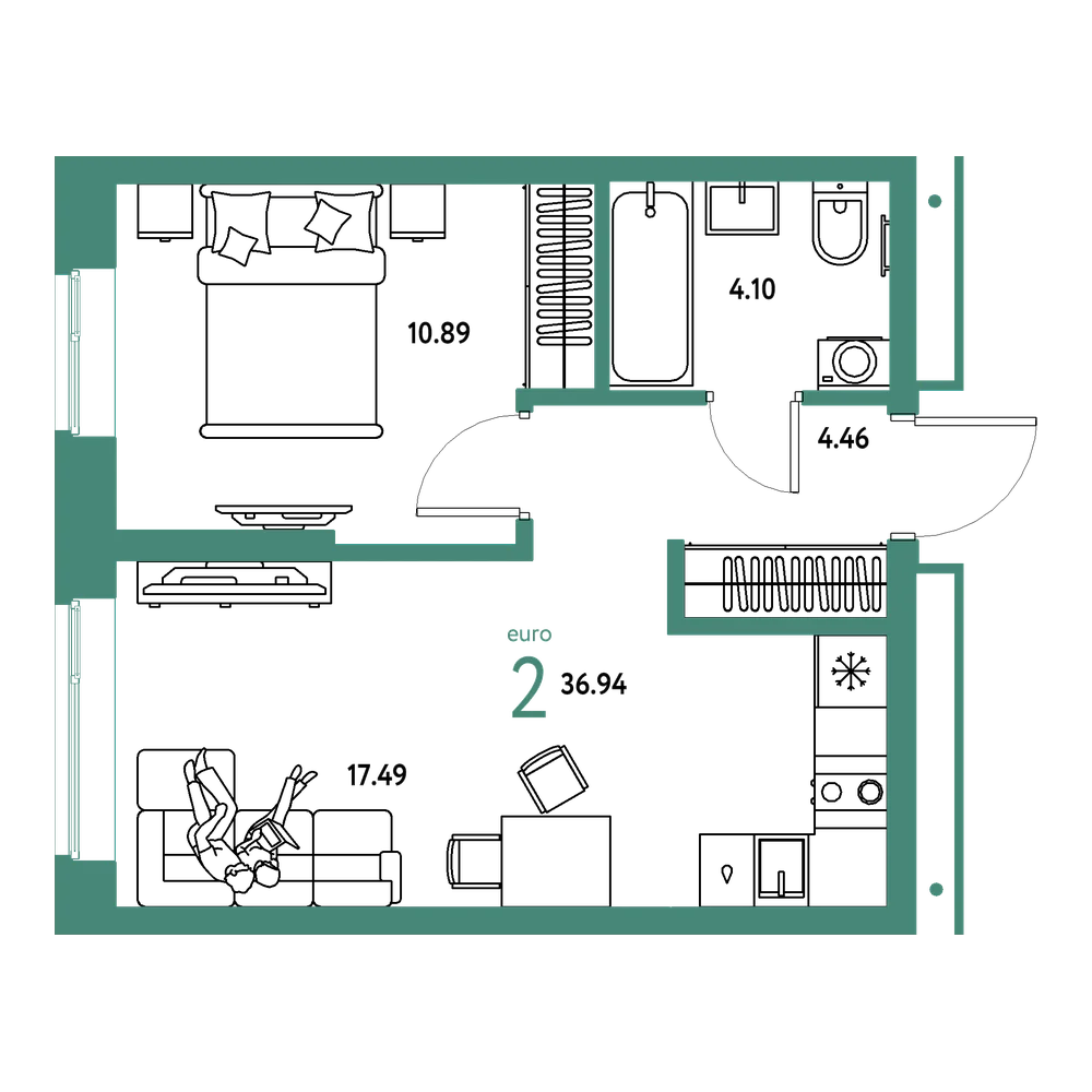 Планировка: Евродвушка 36,94 м²