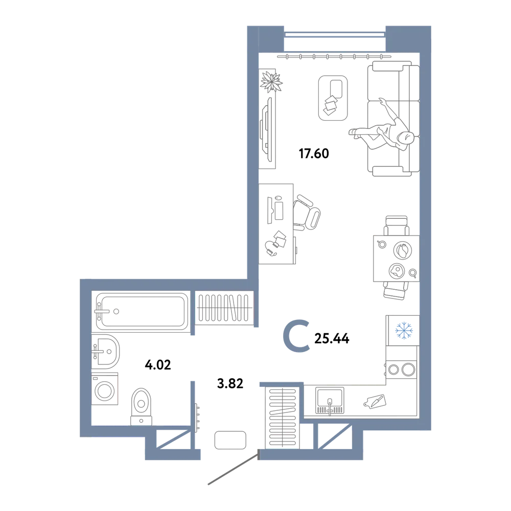 Планировка: Студия 25,44 м²