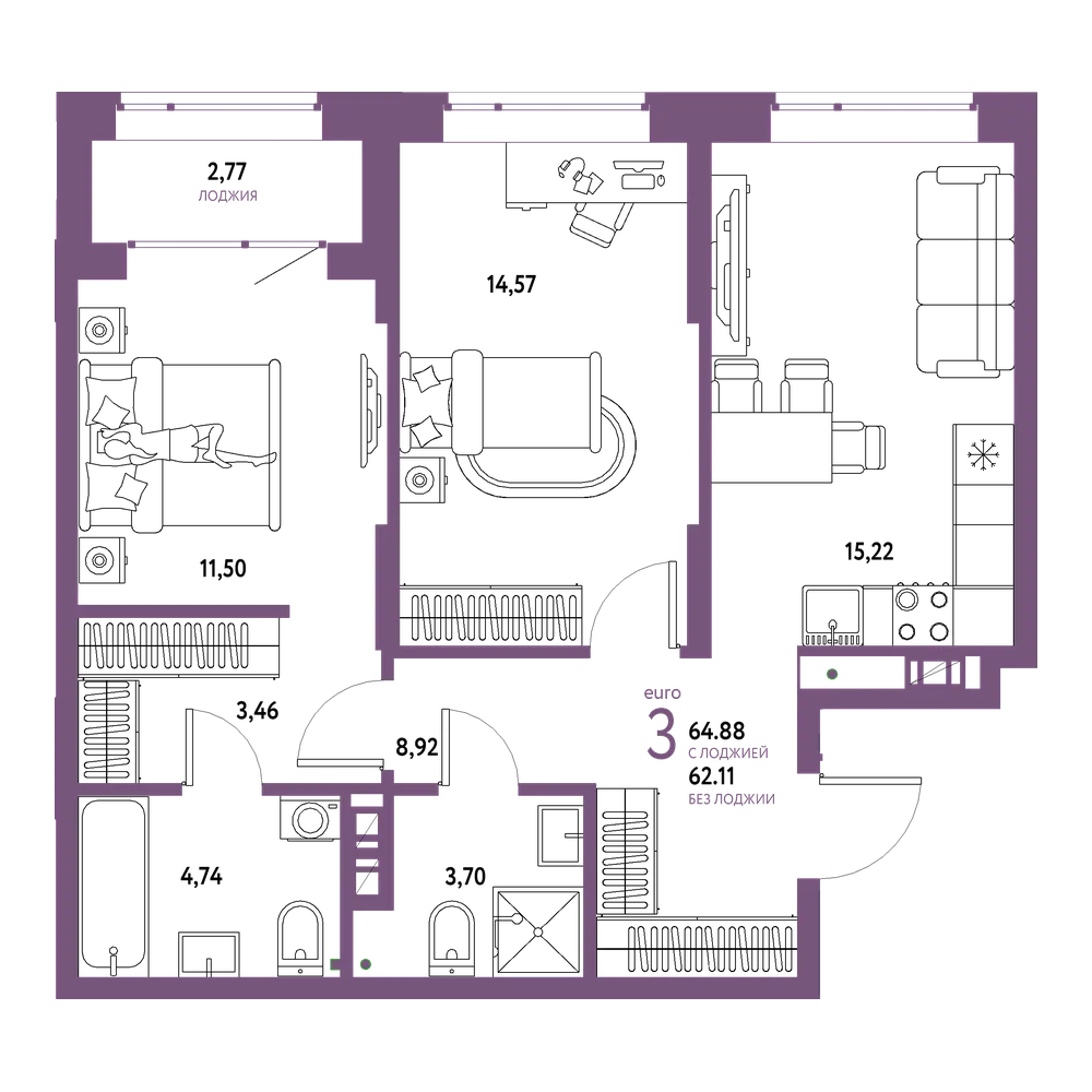 Планировка: Евротрёшка 64,88 м²