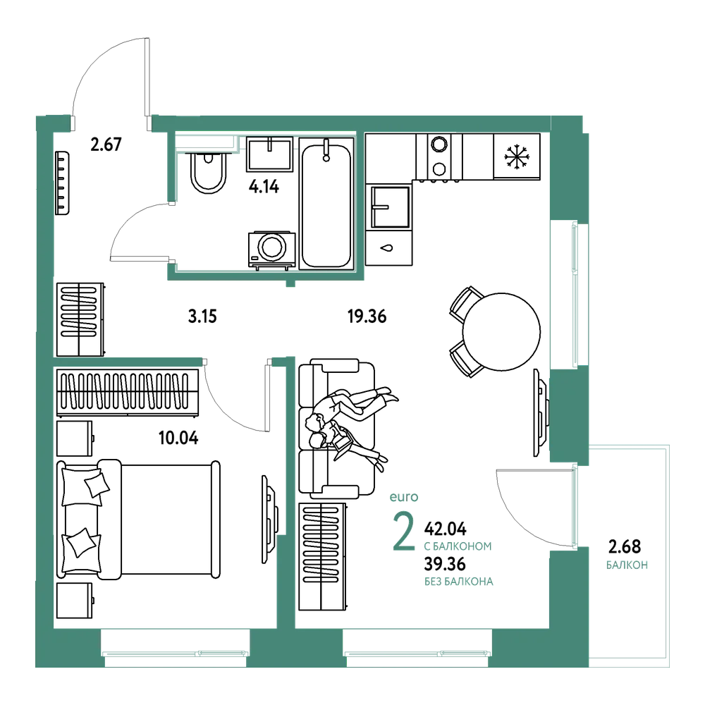 Планировка: Евродвушка 42,04 м²