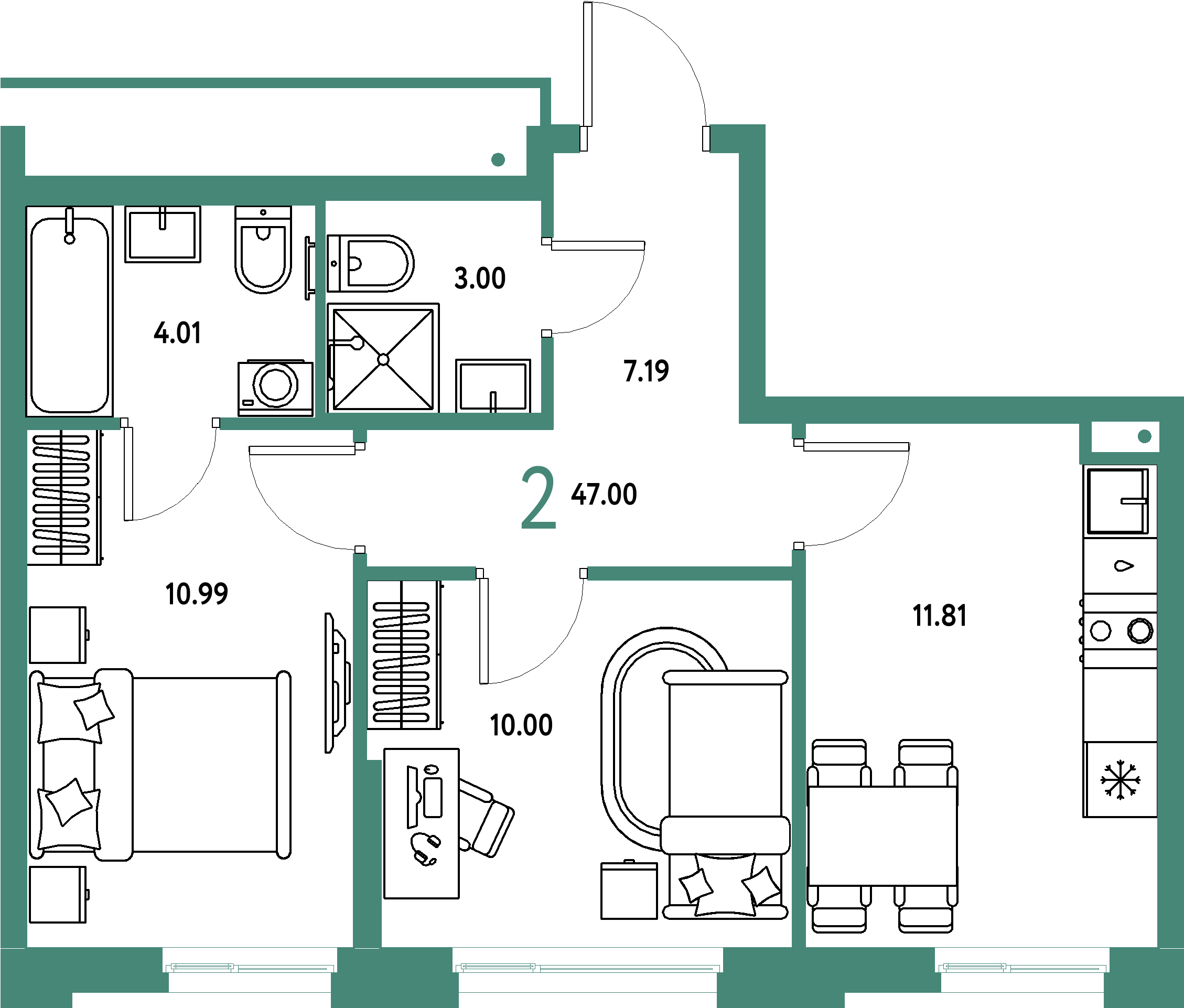 Планировка: 2-комнатная 47 м² в ЖК «Домашний»