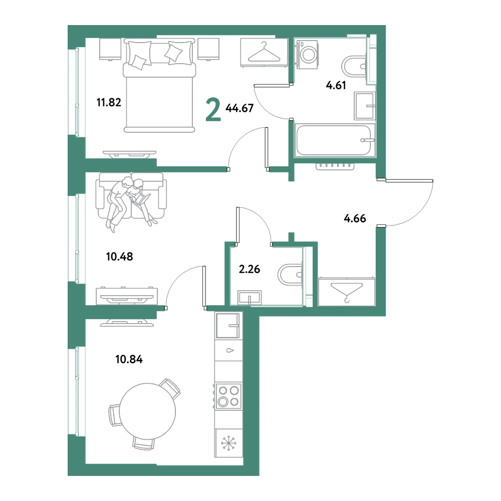 Планировка: 2-комнатная 44,67 м²