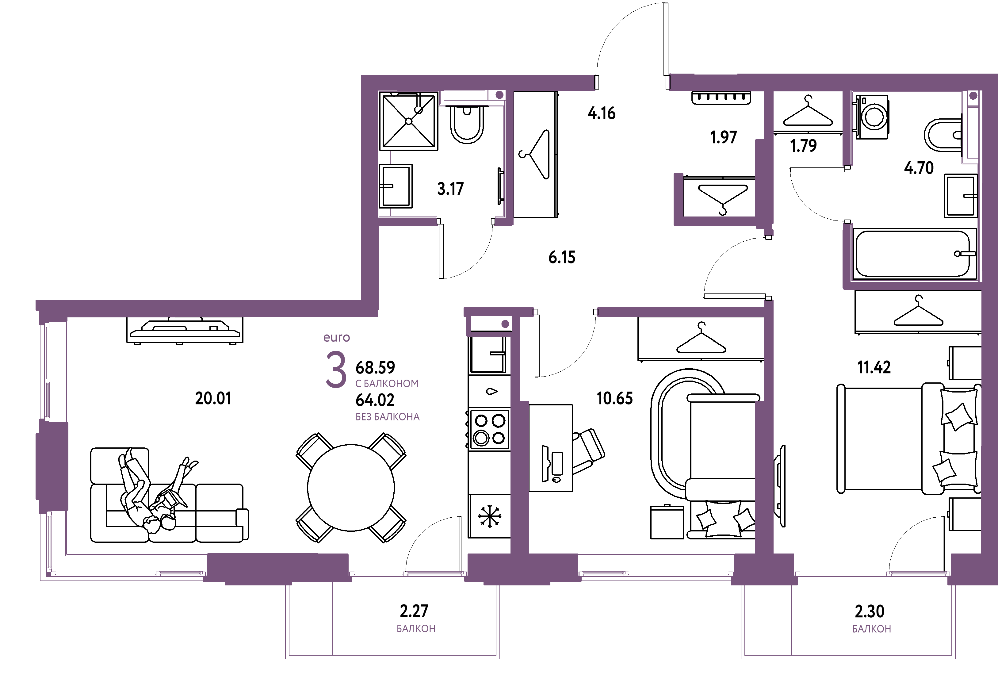 Планировка: Евротрёшка 68,59 м² в ЖК «Страна.Прибрежная»