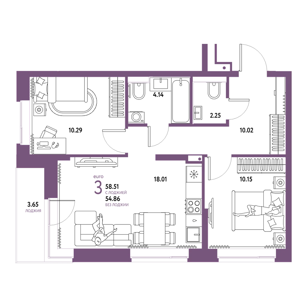 Планировка: Евротрёшка 58,51 м²