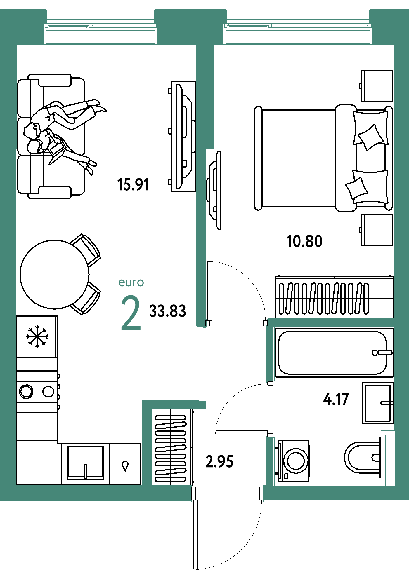 Планировка: Евродвушка 33,83 м² в ЖК «Остров-сад»