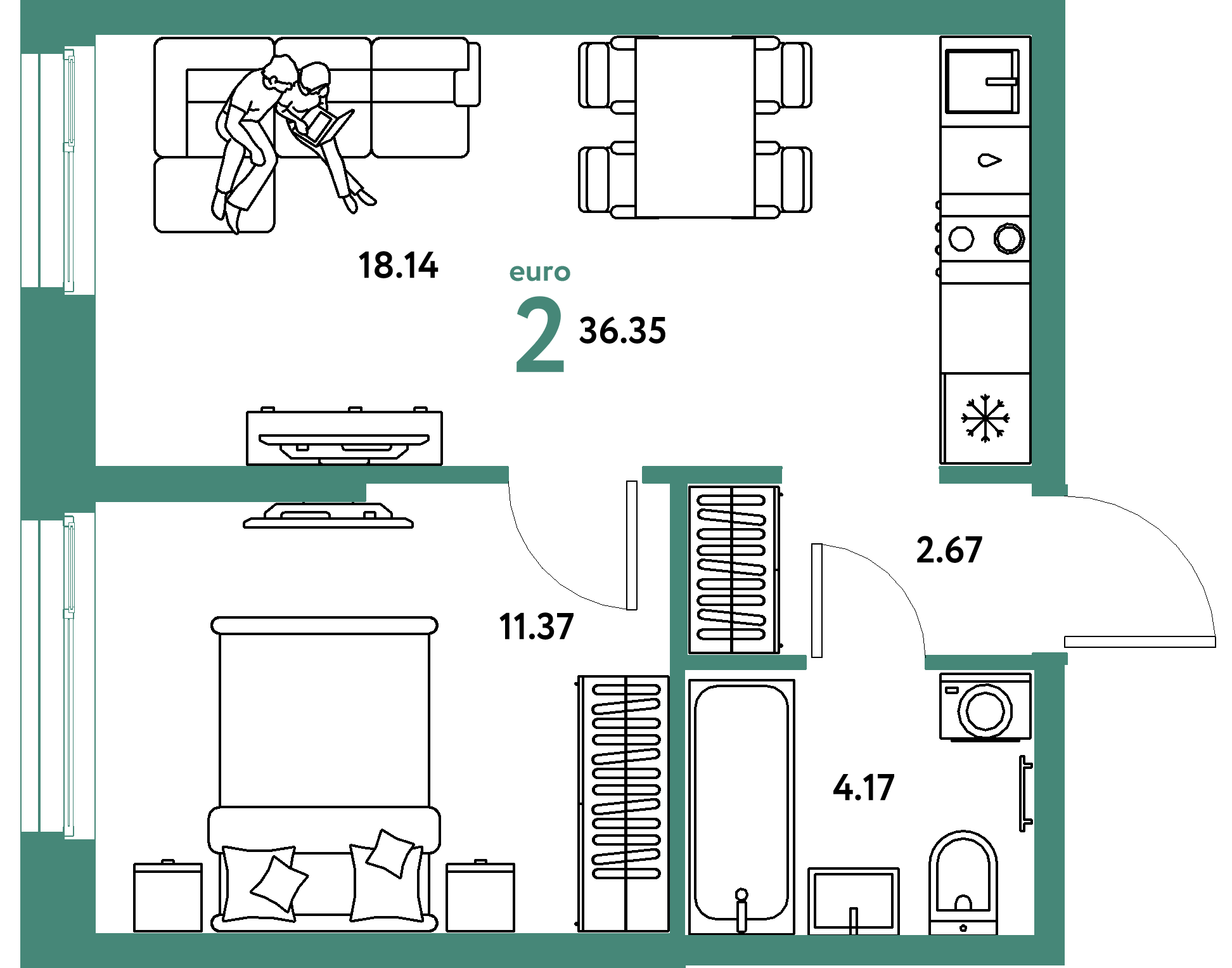 Планировка: Евродвушка 36,35 м² в ЖК «Европейский берег 2.0»