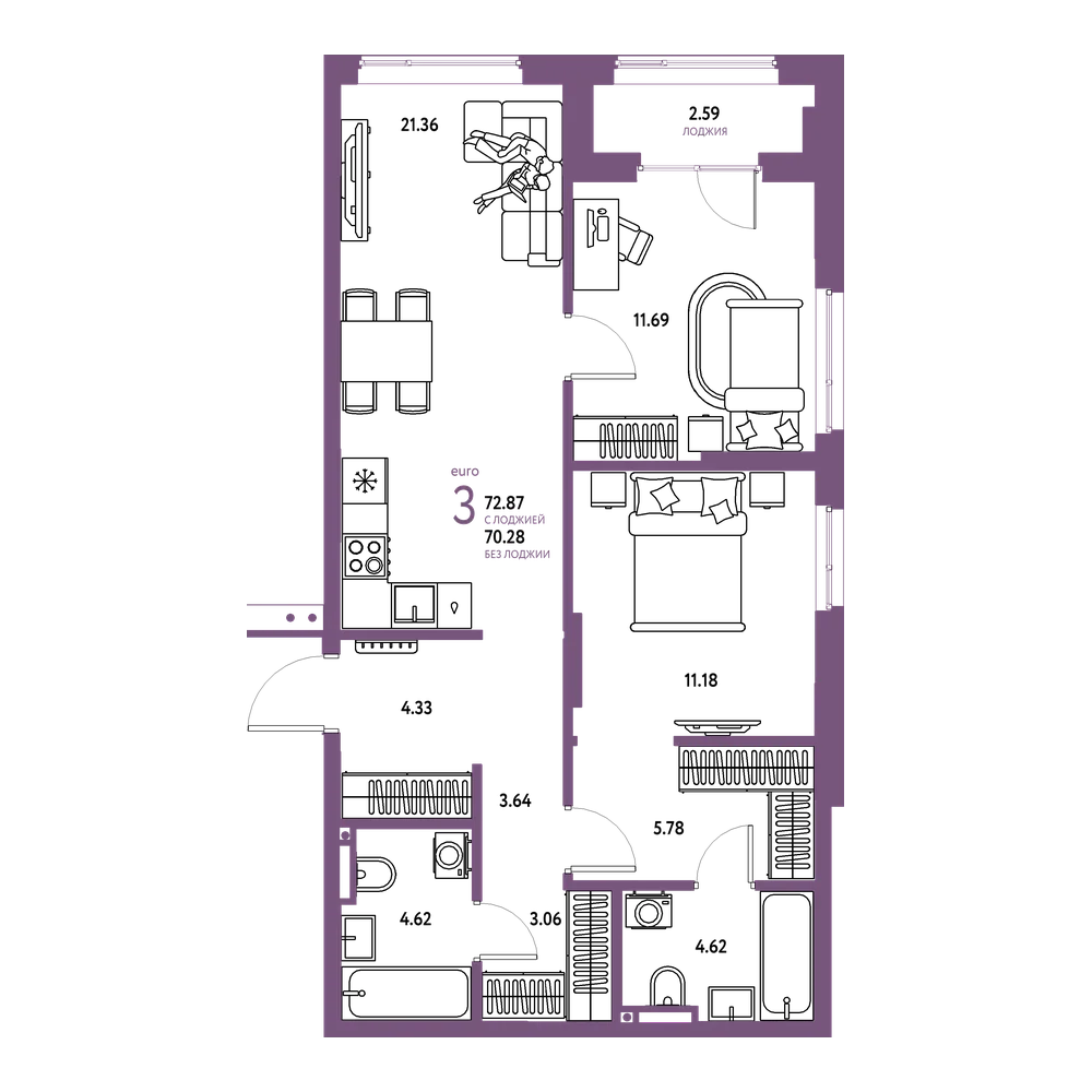 Планировка: Евротрёшка 72,87 м²