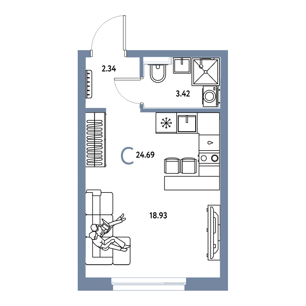 Планировка: Студия 24,69 м²