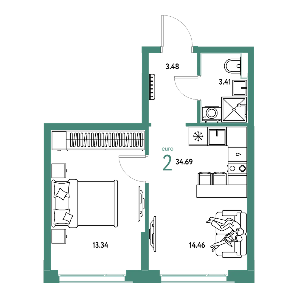 Планировка: Евродвушка 34,69 м²