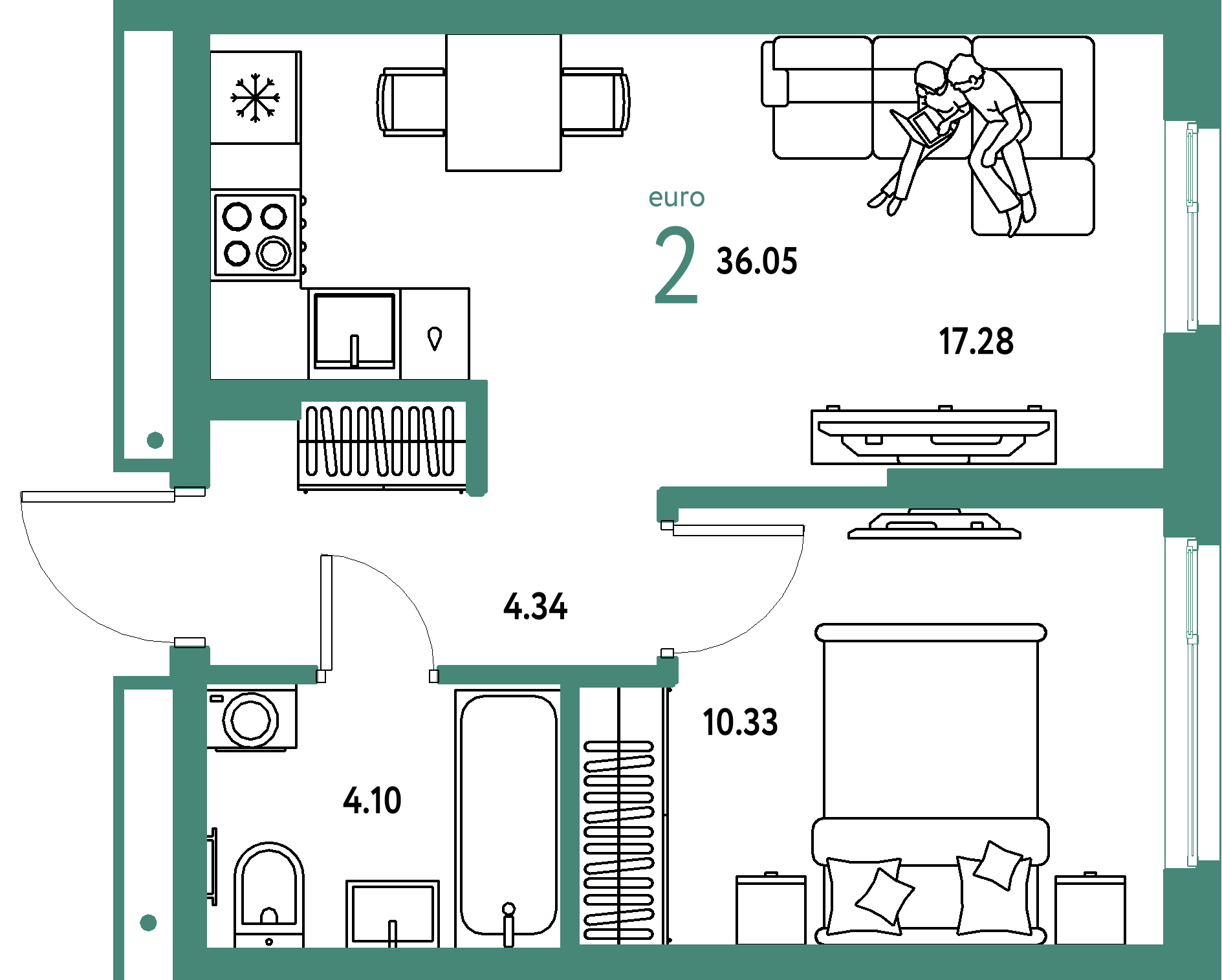 Планировка: Евродвушка 36,05 м² в ЖК «Домашний»