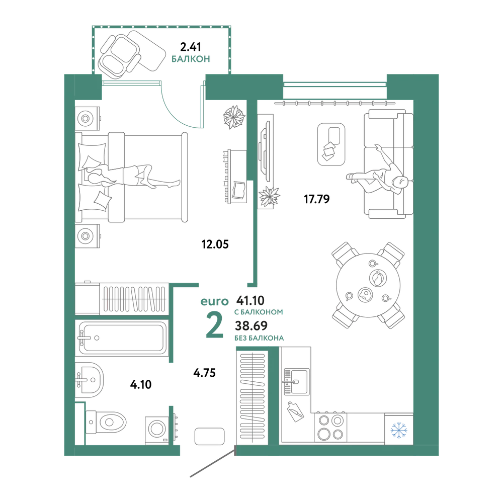 Планировка: Евродвушка 41,1 м²