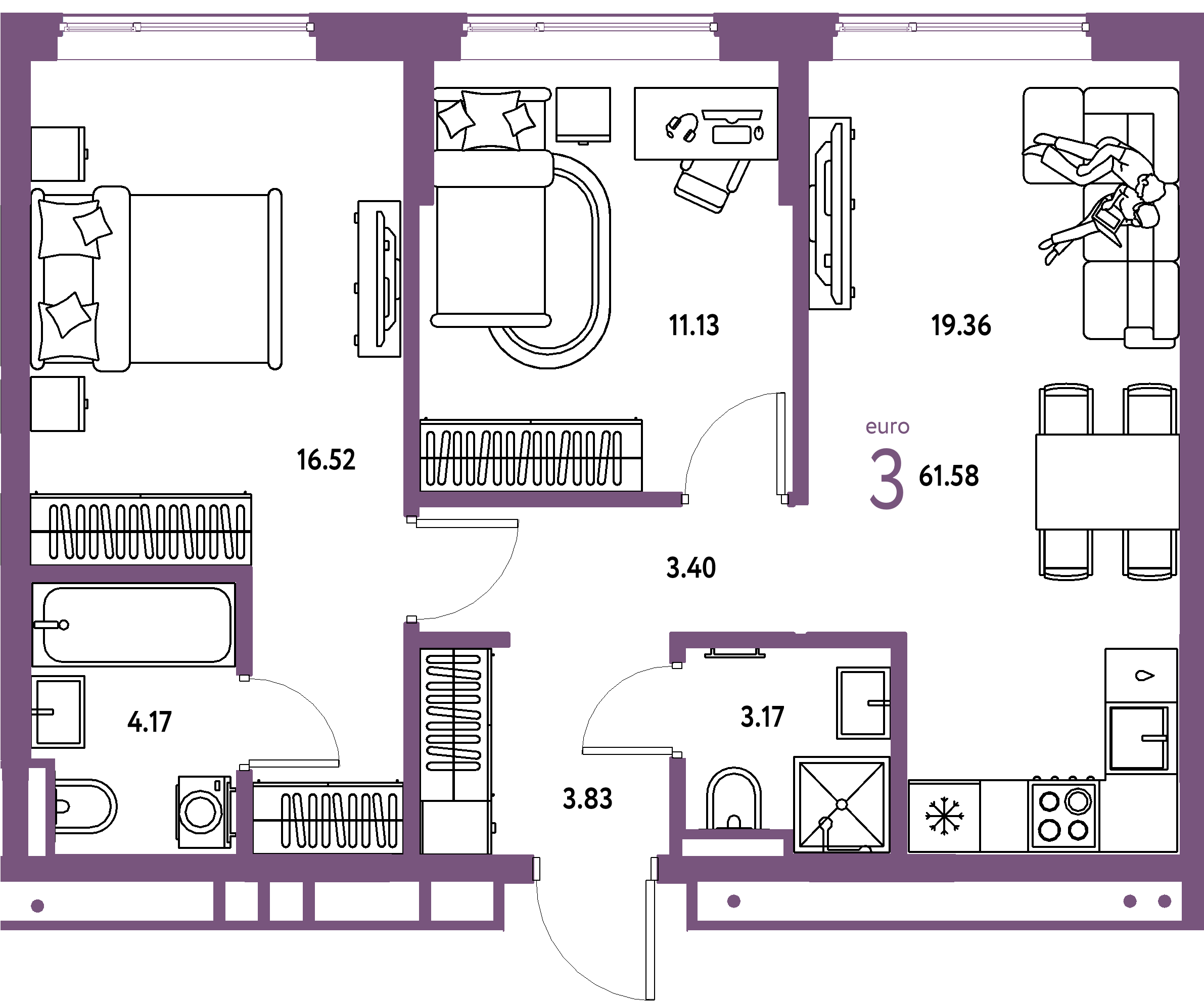 Планировка: Евротрёшка 61,58 м² в ЖК «Страна.Прибрежная»