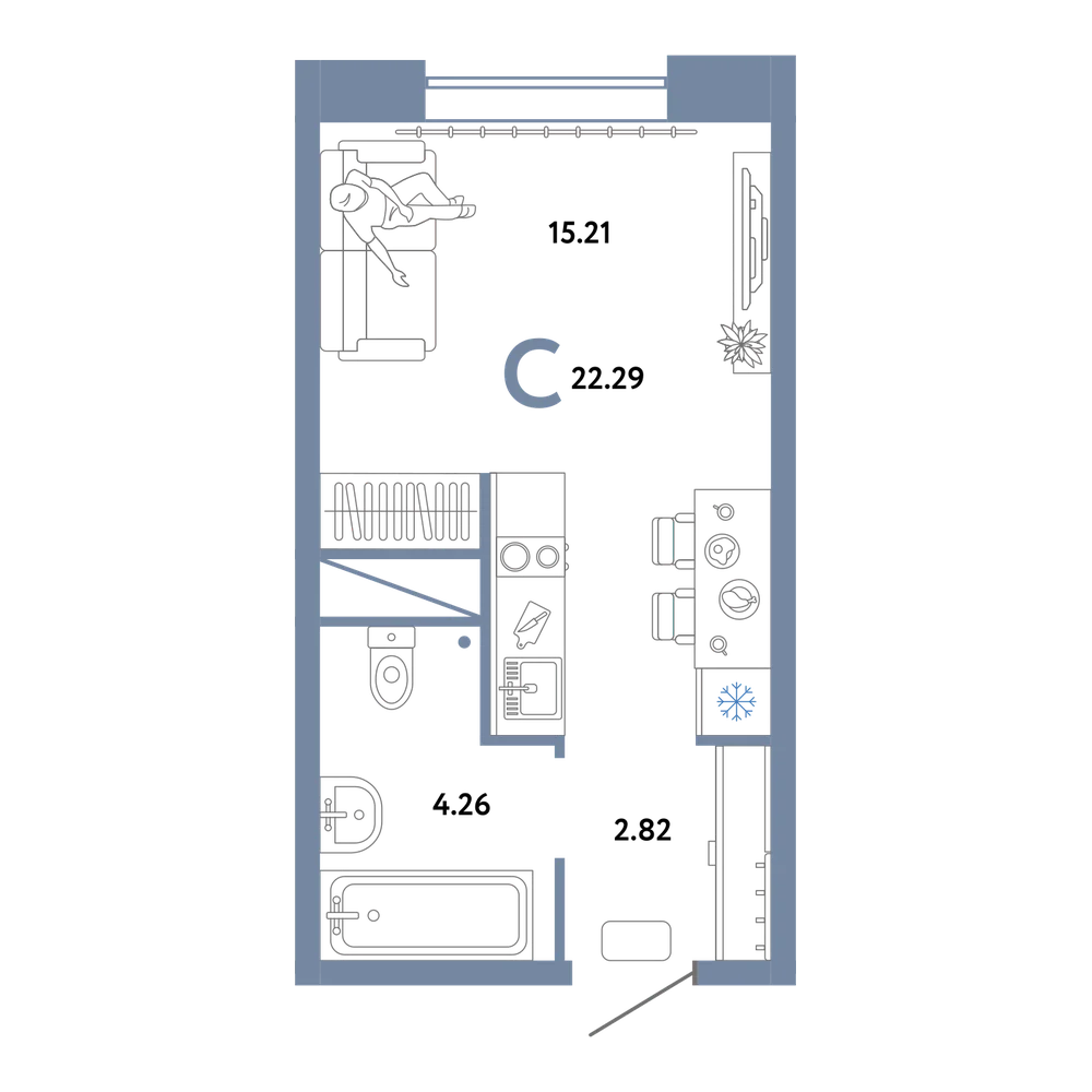 Планировка: Студия 22,29 м²