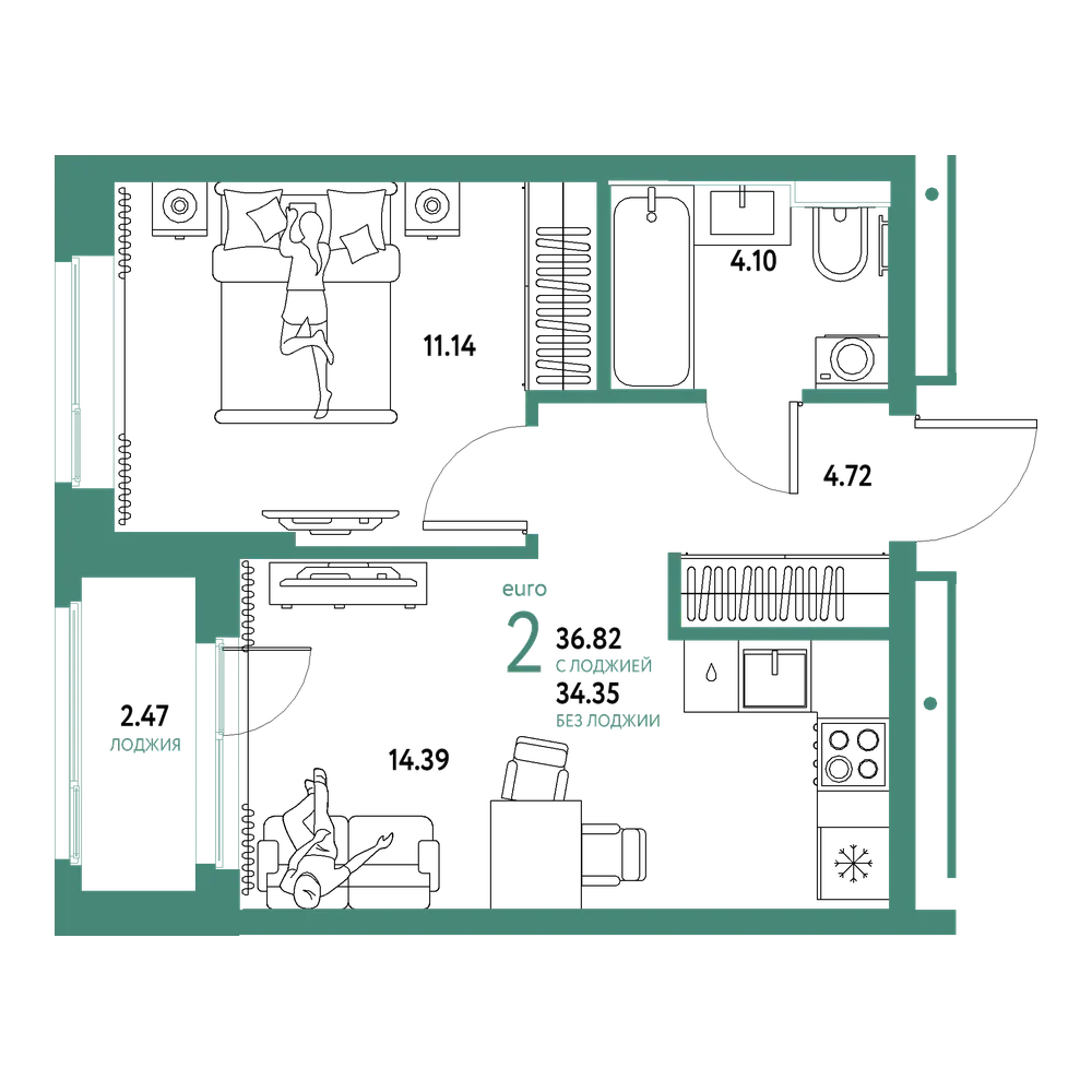 Планировка: Евродвушка 36,82 м²