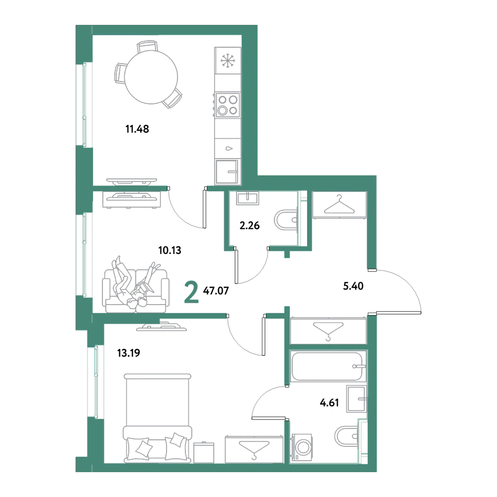 Планировка: 2-комнатная 47,07 м²