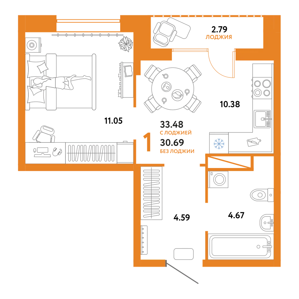 Планировка: 1-комнатная 33,48 м²