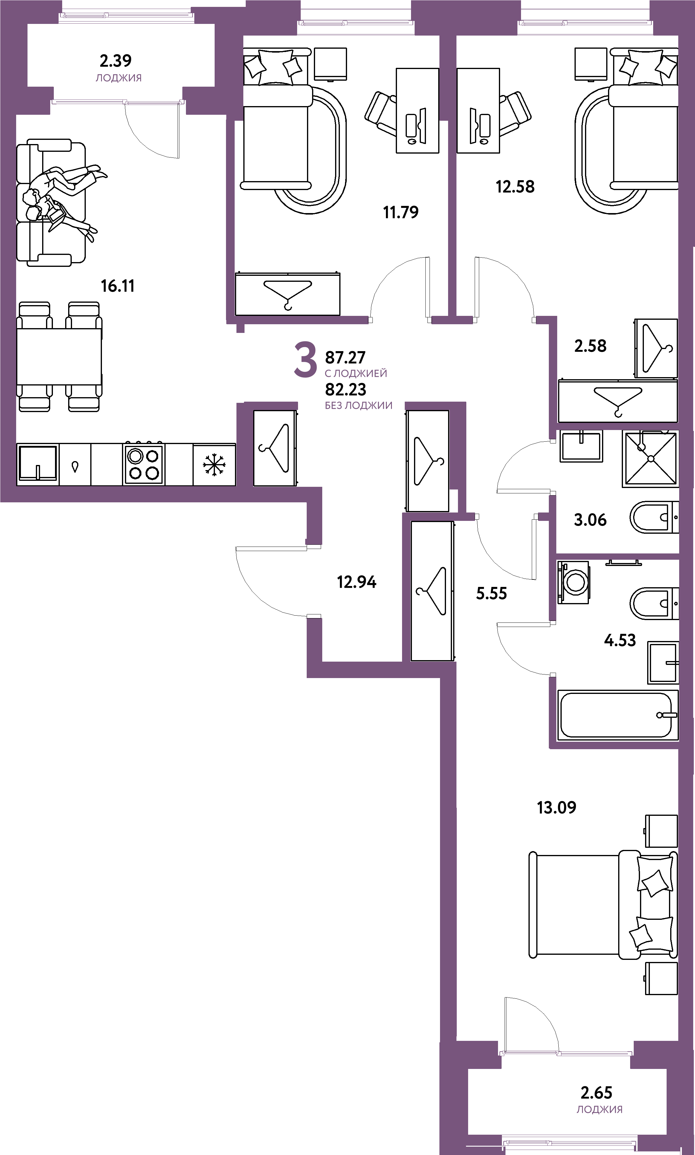 Планировка: Евро-4 87,27 м² в ЖК «Европейский берег 2.0»