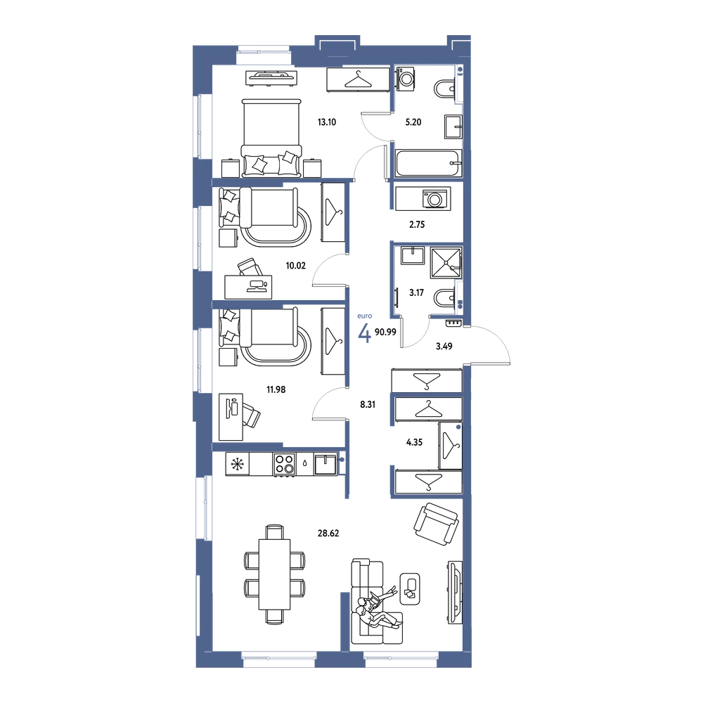 Планировка: Евро-4 90,99 м²
